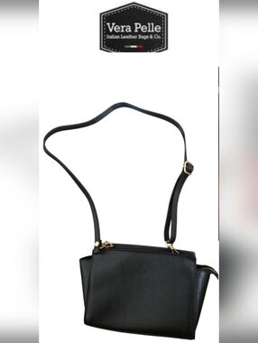 Vera Pelle Black Leather Crossbody with Gold Hardware